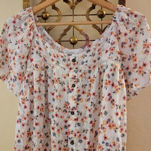 Arizona Floral Button Shirt Sleeve Blouse Med